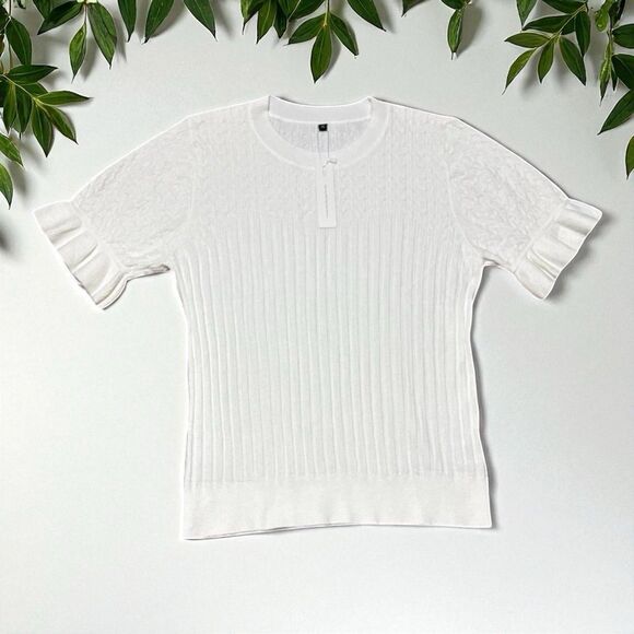 Arach & Cloz Blue Knit Sweater Women’s XL Short Sleeve Pullover Ruffle Hem NWT - Picture 1 of 3